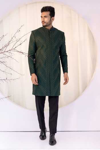 Yoseba Green Tonal Geometric Embroidered Achkan Set 