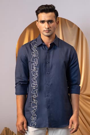Geometric Thread Embroidered Blue Shirt 