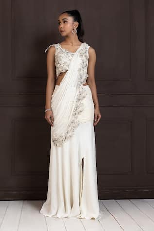 Smriti By Anju Agarwal Embroidered Pre-Draped Saree With Blouse 