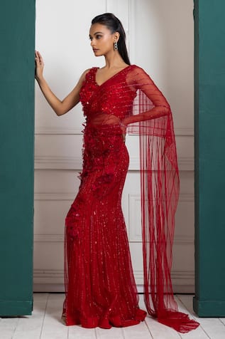 Smriti By Anju Agarwal Red Floral Applique Pre-Stitched Skirt Saree 