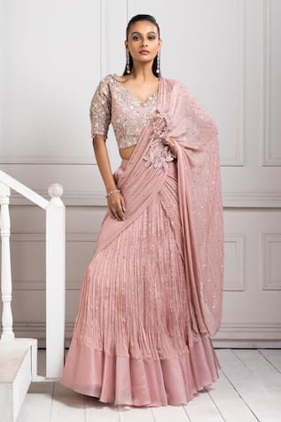 Smriti By Anju Agarwal Floral Applique Pink Pre-Draped Lehenga Saree 