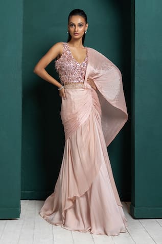 Smriti By Anju Agarwal Pleated Pre-Draped Skirt Saree & Embroidered Blouse 