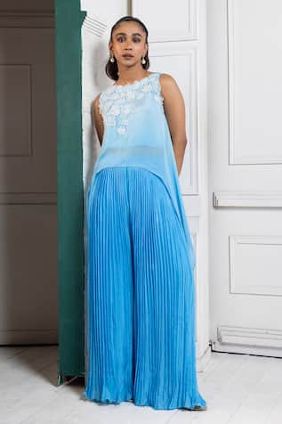 Smriti by Anju Agarwal Blue Bloom Applique Asymmetric Top & Flared Pant 