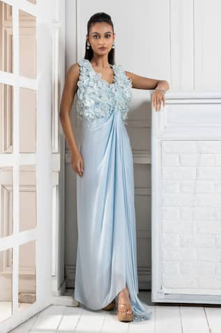 Smriti by Anju Agarwal Flora Applique Draped Gown 