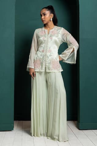 Smriti by Anju Agarwal Floral Embroidered Jacket & Flared Pant Set 