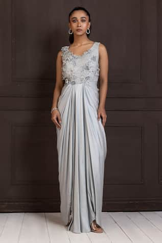 Smriti by Anju Agarwal Silver Celestial Bloom Draped Gown 