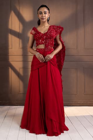 Smriti by Anju Agarwal Red Pearl Embellished Pre-Draped Saree Set 