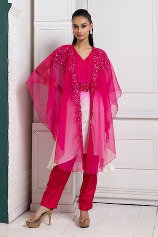 Smriti by Anju Agarwal Pink Sequin & Bead Embroidered Cape Pant Set 