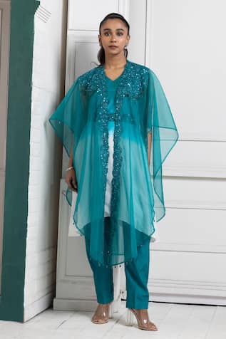 Smriti by Anju Agarwal Teal Blue Sequin & Bead Embroidered Cape Set 