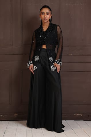 Smriti by Anju Agarwal Black Sheer Sequin Embroidered Jacket Pant Set 