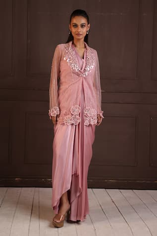 Smriti by Anju Agarwal Peach Draped Gown & Sheer Jacket Set 