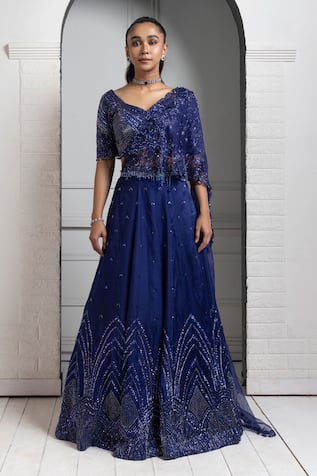 Smriti by Anju Agarwal Blue Bead & Sequin Embroidered Lehenga Set 