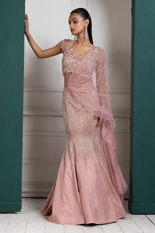 Smriti by Anju Agarwal Pink Pearl & Sequin Embellished Lehenga Set 