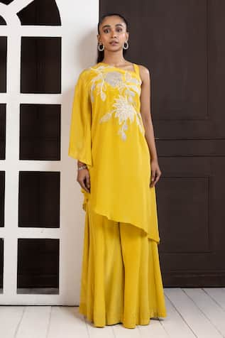 Smriti by Anju Agarwal Embroidered One-Shoulder Tunic & Palazzo Set 