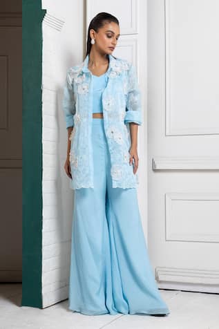 Smriti by Anju Agarwal Embroidered Blue Jacket & Palazzo Set 