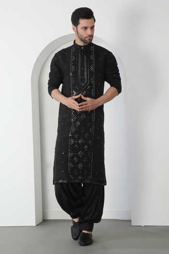 Aham-Vayam Black Embroidered Cotton Kurta Set 