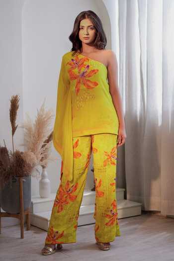 Label Flamingo By Vrinda Luminous One Shoulder Kaftan Tunic & Pant Set 
