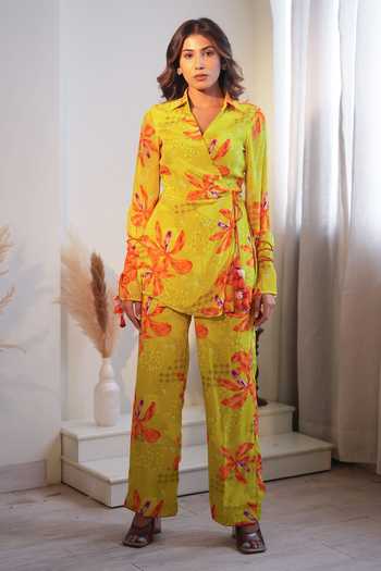 Label Flamingo By Vrinda Lime Lilly Print Angarkha Set With Pant 