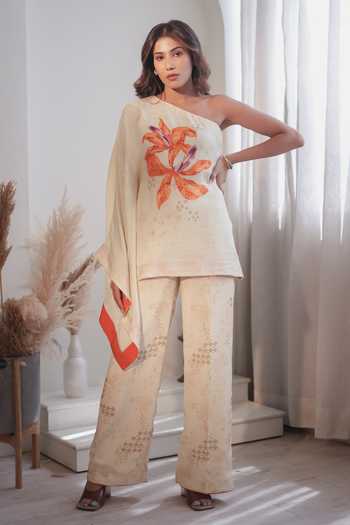Label Flamingo By Vrinda Ivory One Shoulder Embroidered Tunic & Pant Set 