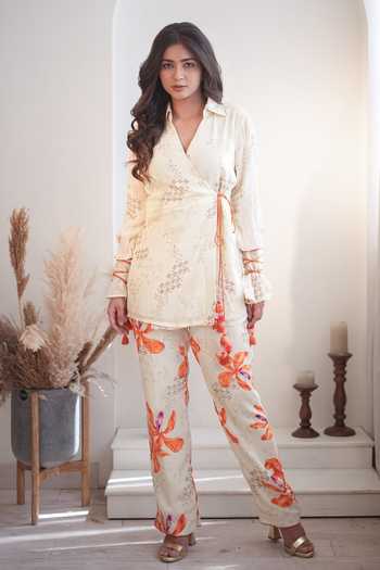 Label Flamingo By Vrinda Lilly Print Angarkha Jacket & Pant Set 