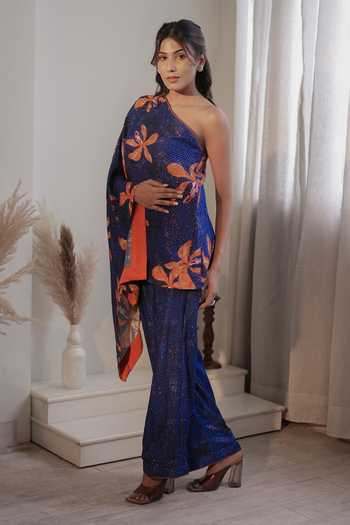 Label Flamingo By Vrinda One Shoulder Embroidered Tunic & Pant Set 