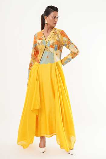 Jajaabor Floral Applique Yellow Kurta Set 