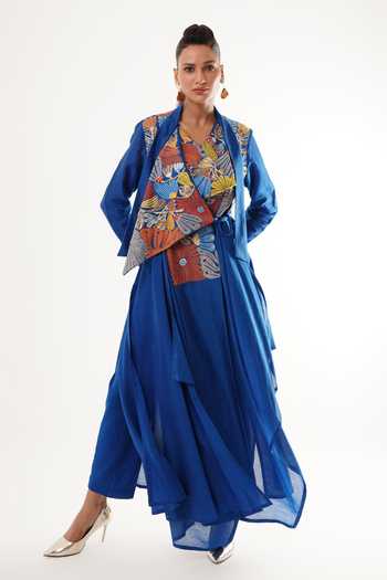 Jajaabor Cobalt Floral Applique Angarkha Set 