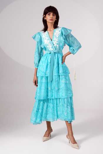 MADDER MUCH Blue Tiered Dress With Belt 