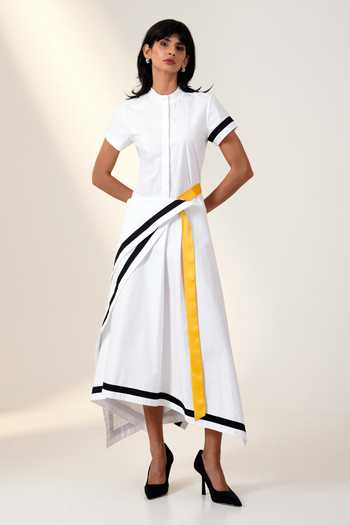 MADDER MUCH Draped Shirt Dress with Striped Border 