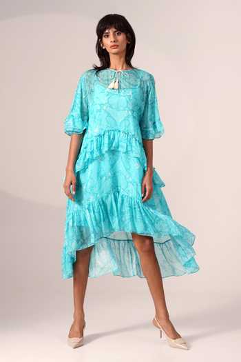MADDER MUCH Blue Abstract Print Flared Sleeve Dress 