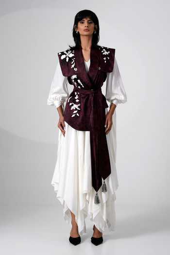 MADDER MUCH White Balloon Sleeve Dress & Brown Jacket 