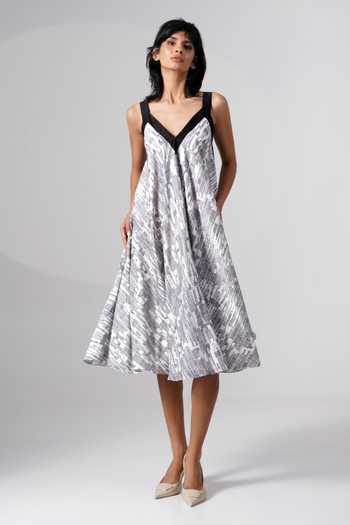 MADDER MUCH Grey Chanderi Silk Abstract Print Midi Dress 
