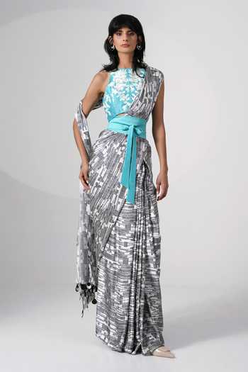 MADDER MUCH Abstract Print Saree Set With Floral Blouse 