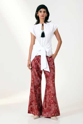 MADDER MUCH White Bow Detail Top & Red Printed Pant Set 