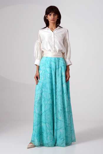 MADDER MUCH White Gathered Shirt & Abstract Print Skirt Set 
