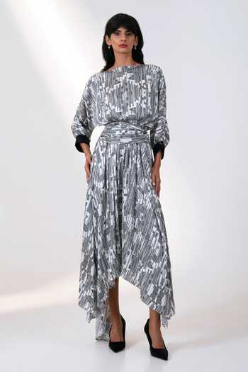 MADDER MUCH Grey Geometric Print Dress With Belt 