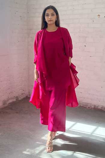 Vaaya Rani Pink Solid Waterfall Jacket Set 