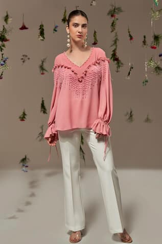 Rimple Agrawal Pink Pearl & Tassel Embroidered Top 