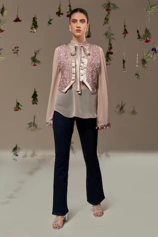 Rimple Agrawal Ivory Tie-Up Top & Embroidered Waistcoat 