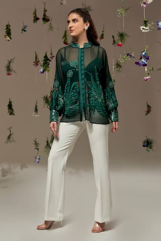 Rimple Agrawal Green Sheer Embroidered Shirt & Inner Bustier 