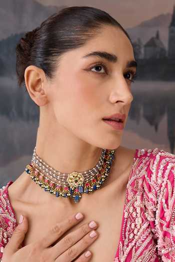 Paisley Pop Floral Layered Blue Stone Choker 