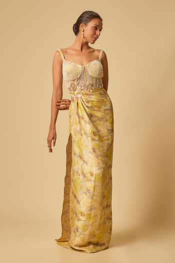 Masumi Mewawalla Floral Applique Brocade Draped Gown 