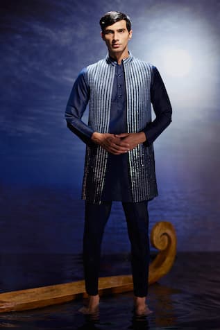 Eleven Brothers Mirror Embroidered Blue Bundi & Kurta Set 
