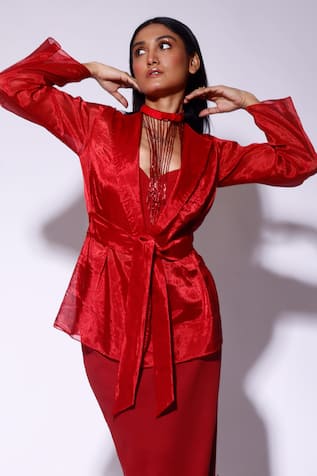 Kritika Murarka Red Tissue Organza Silk Wrap Top 