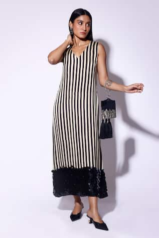 Kritika Murarka Black Striped Print Satin Midi Dress 