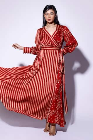 Kritika Murarka Red Striped & Motif Wrap Maxi Dress 