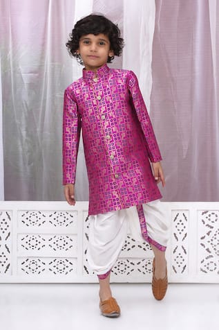 Little Bansi Bird Woven Magenta Sherwani Set
