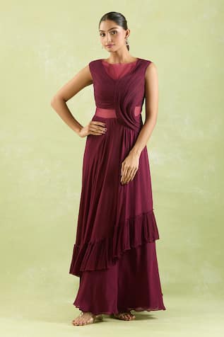 Samyukta Singhania Wine Asymmetric Draped Gown 