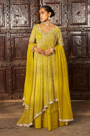 Nidhika Shekhar Butti Woven Yellow Lehenga Set 