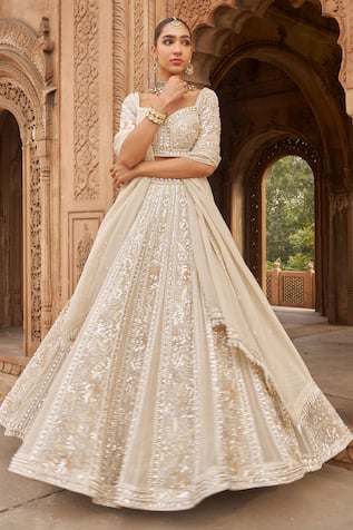 Nidhika Shekhar Dirty Ivory Blossom Embroidered Lehenga Set 